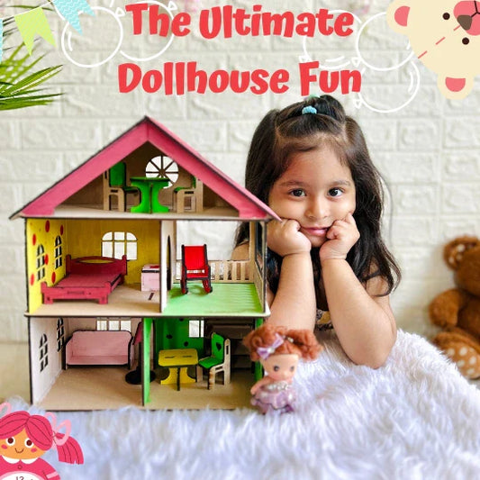 DIY Wooden Doll House with Furniture (Includes Paint Set)